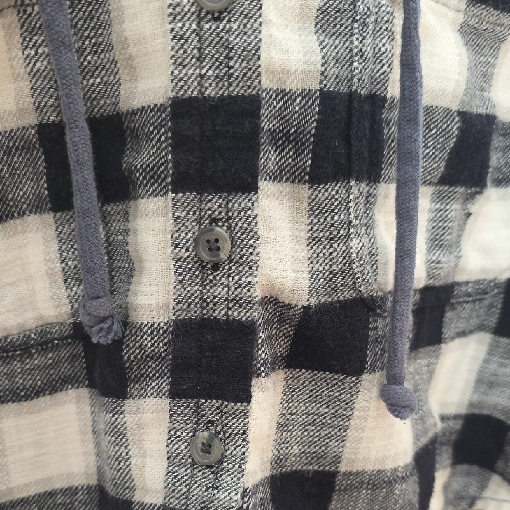 AE Cozy Cabin Cropped Hoodie Flannel Shirt Black White Plaid Distressed S Grunge - Picture 8 of 13